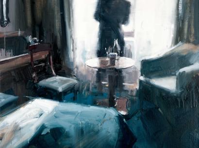 Painting of someone waiting by the window of a hotel room