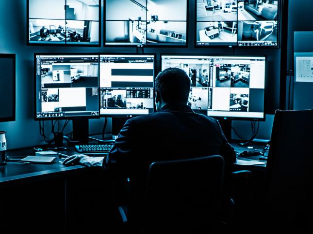 Security guard looking over live CCTV footage