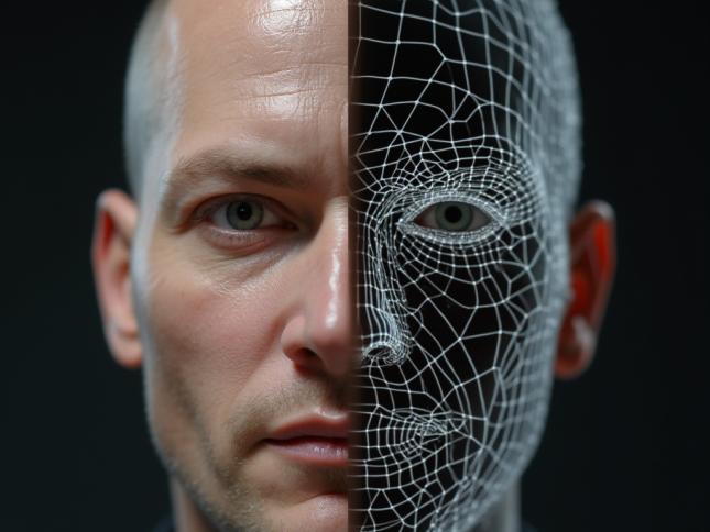 A merge of a man's head and a wireframe head
